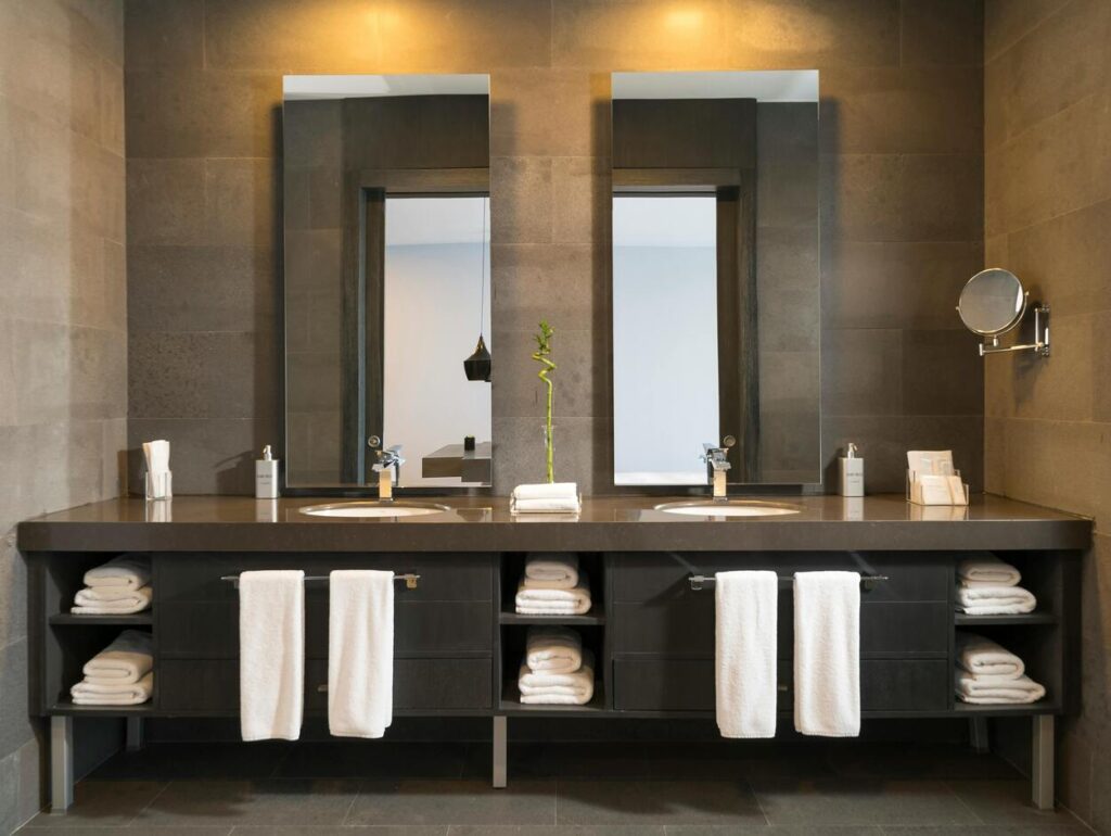 spa like bathroom with mirrors