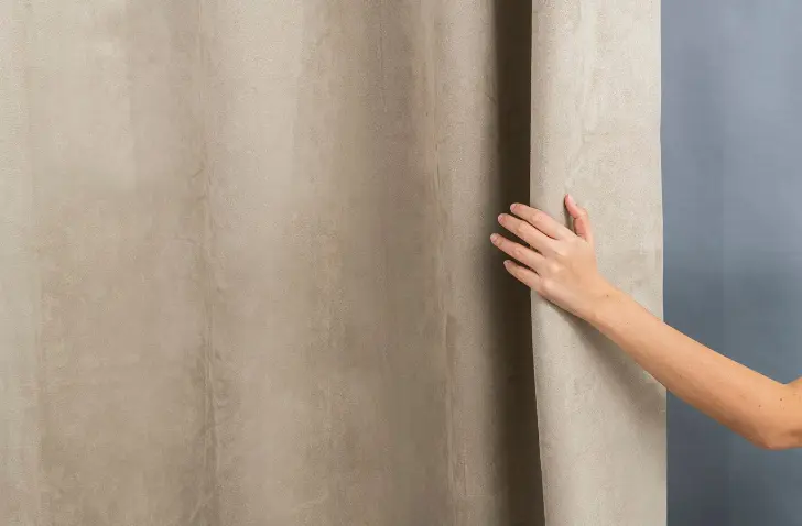 hand touching shower curtain material