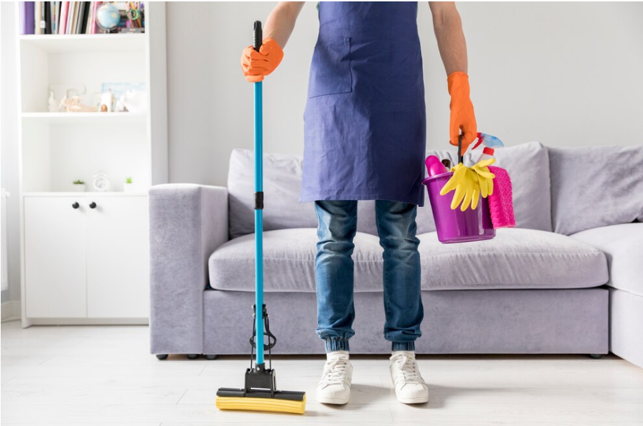 men standing to clean polyester couch