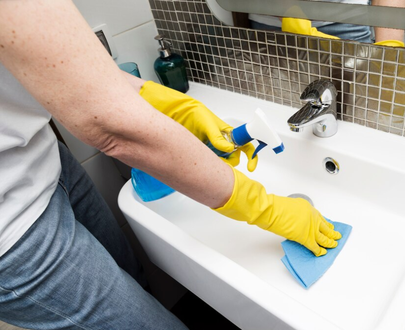 Man cleaning utility sink