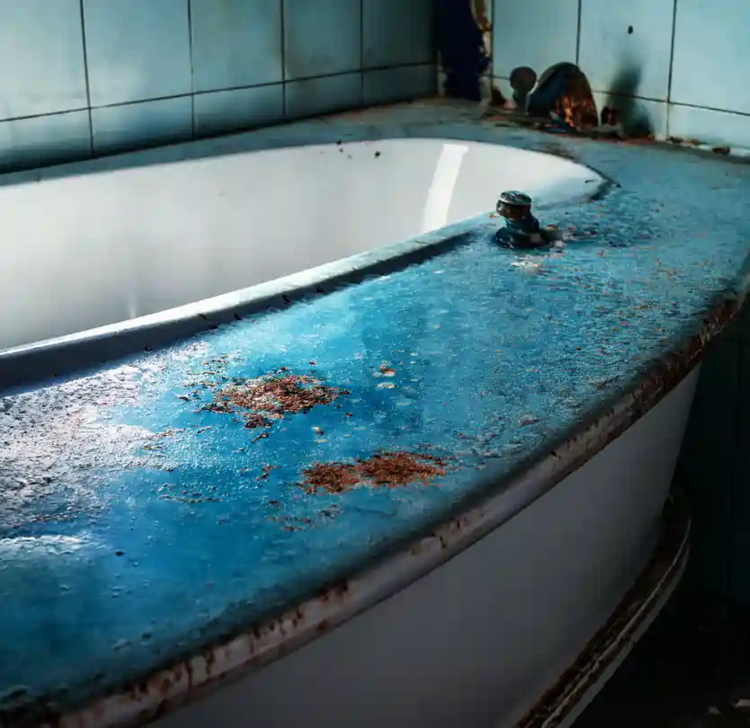 bathtub with the corrosion on the surface.