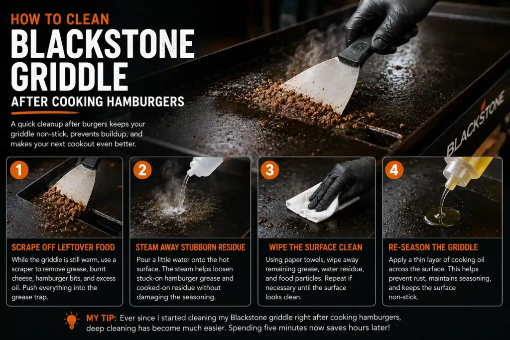 how to clean blackstone griddle after cookign hamburgers