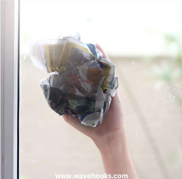 cleaning window without streaks with newspaper