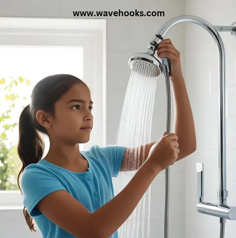 girl cleaning the shower head