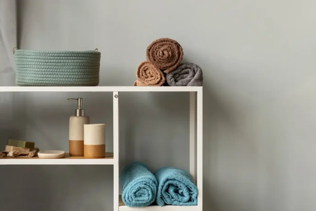 towels rolled to organize the bathroom