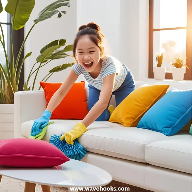 a small girl cleaning the white couch