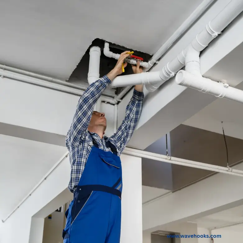 a man setting kitchen pipe line