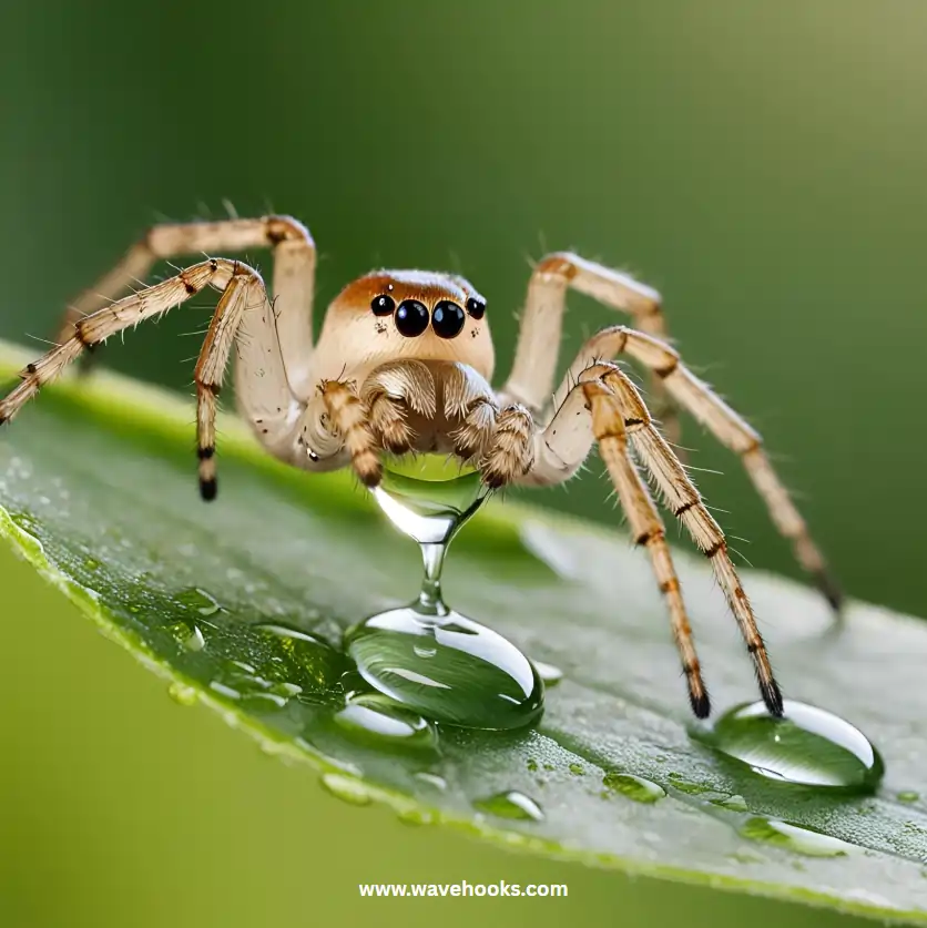 spider drinking water on the green leaf