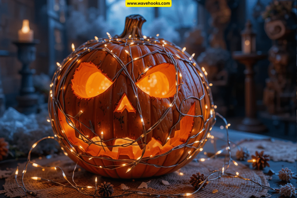 Pumpkin wrapped in lights