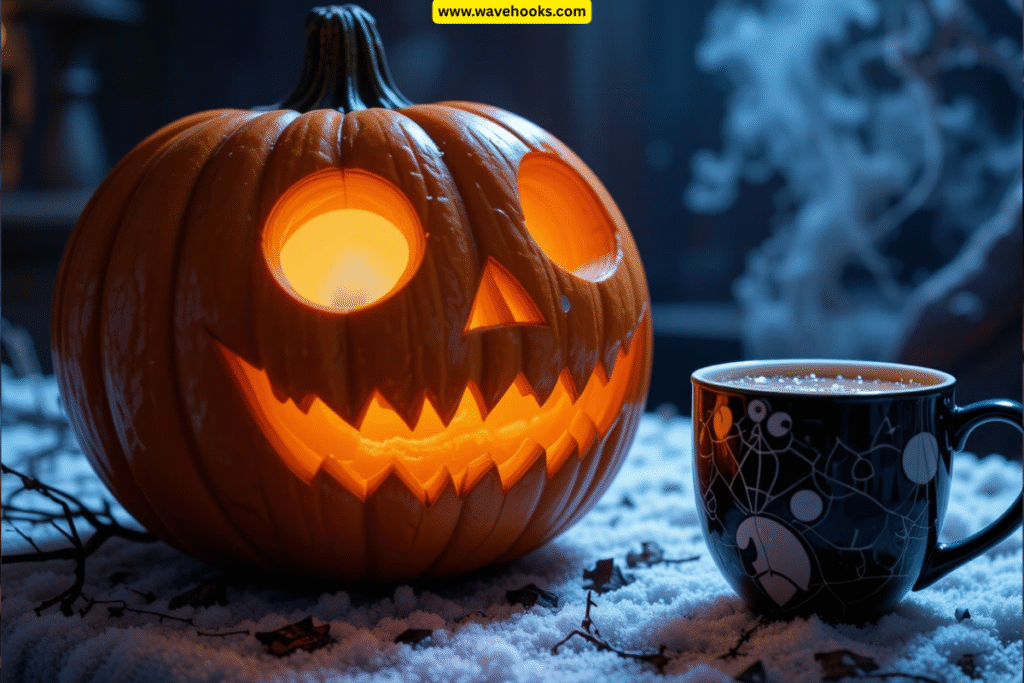pumpkin with cocoa mug beside it