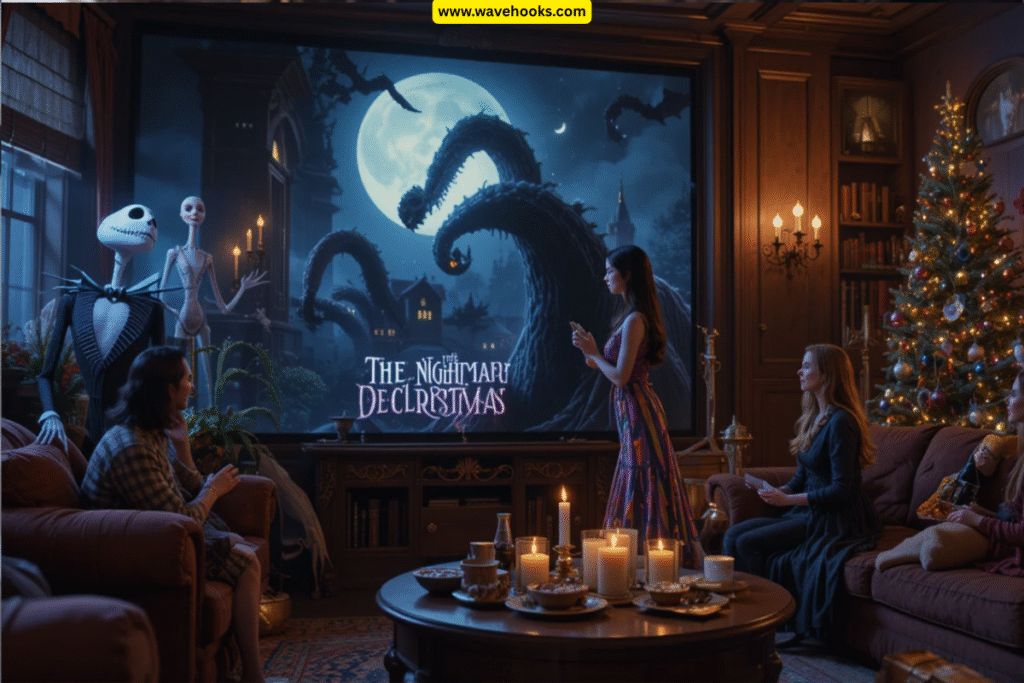 is the nightmare before christmas about Halloween cozy living room movie night 