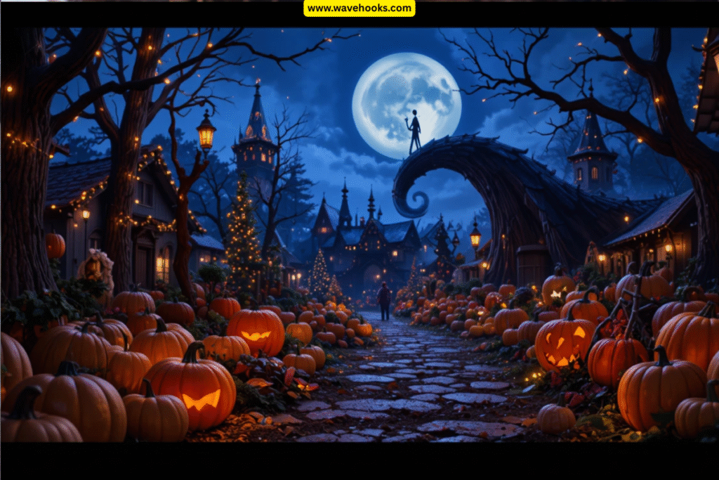 pumpkins and Christmas lights together