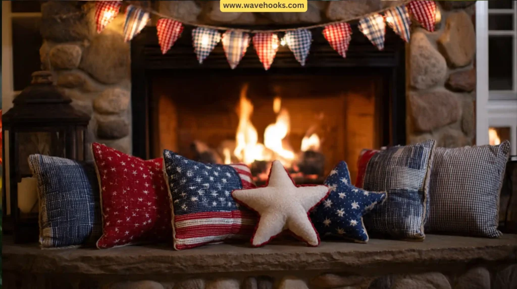 Flag Pillow Garland over Fireplace