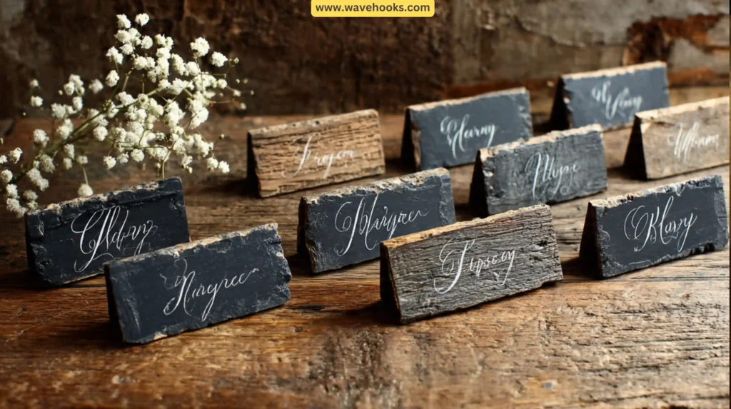 Chalkboard Place Cards on Wood