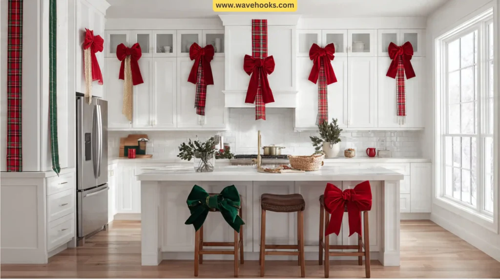 how to decorate kitchen cabinets for Christmas with ribbon