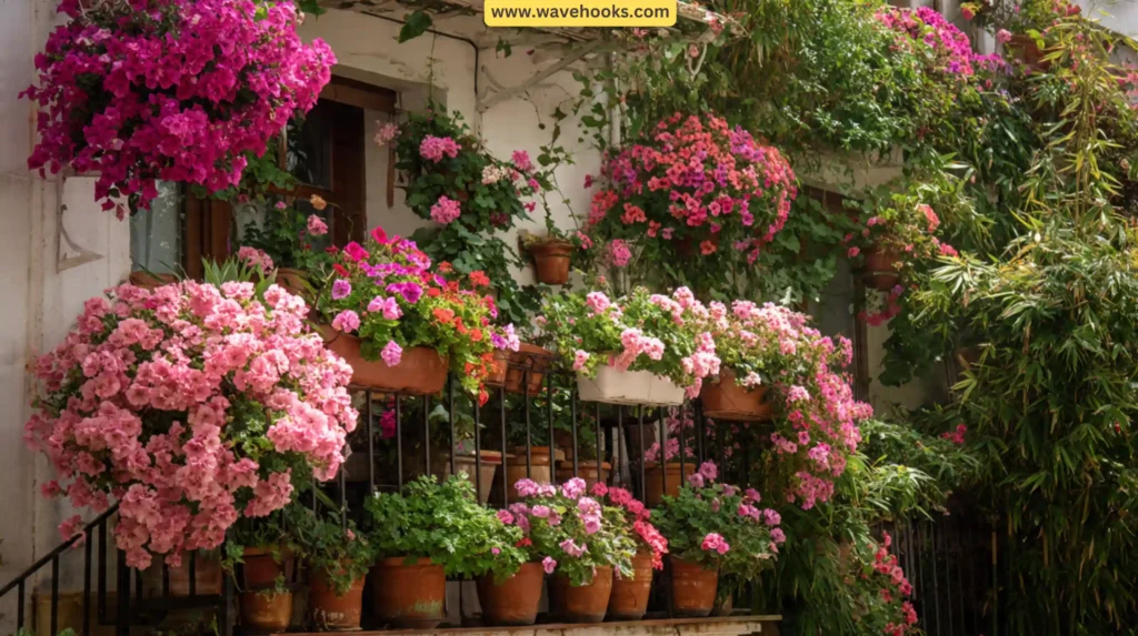 Fantastic Pink Balcony Decorating Ideas with flowers and greenery