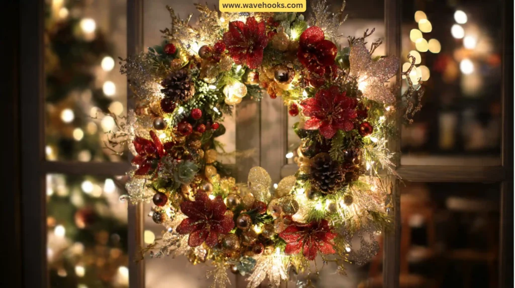 Artificial Christmas Wreath Decorating Ideas with lights and sparkle