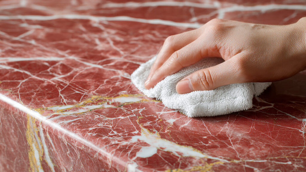 Applying sealer to red marble.