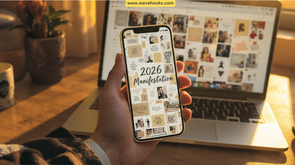 Neutral beige iPhone and MacBook with 2026 manifestation wallpaper and Pinterest board.