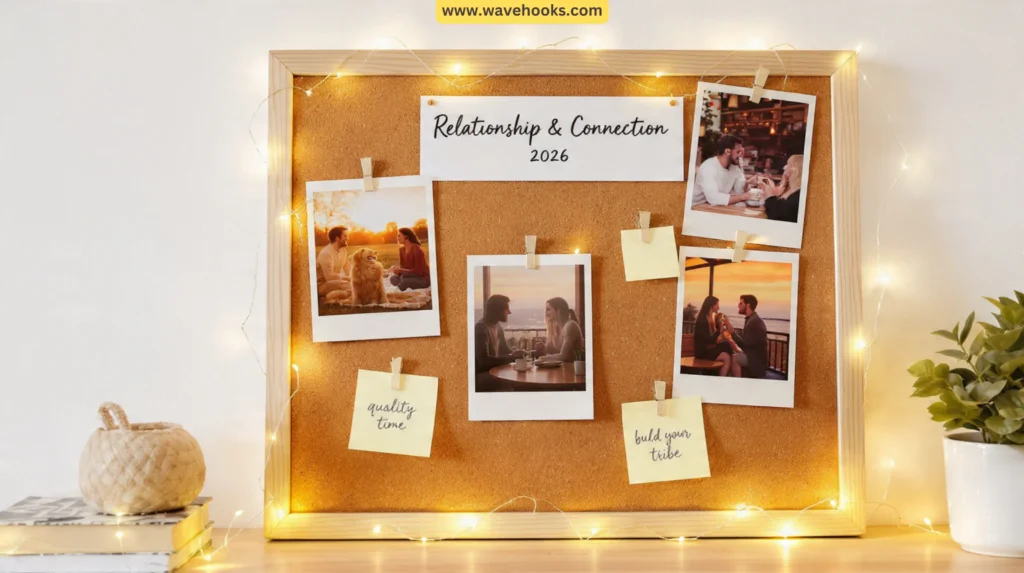 Aesthetic relationship vision board 2026 featuring family, friends, and pets for intentional living.