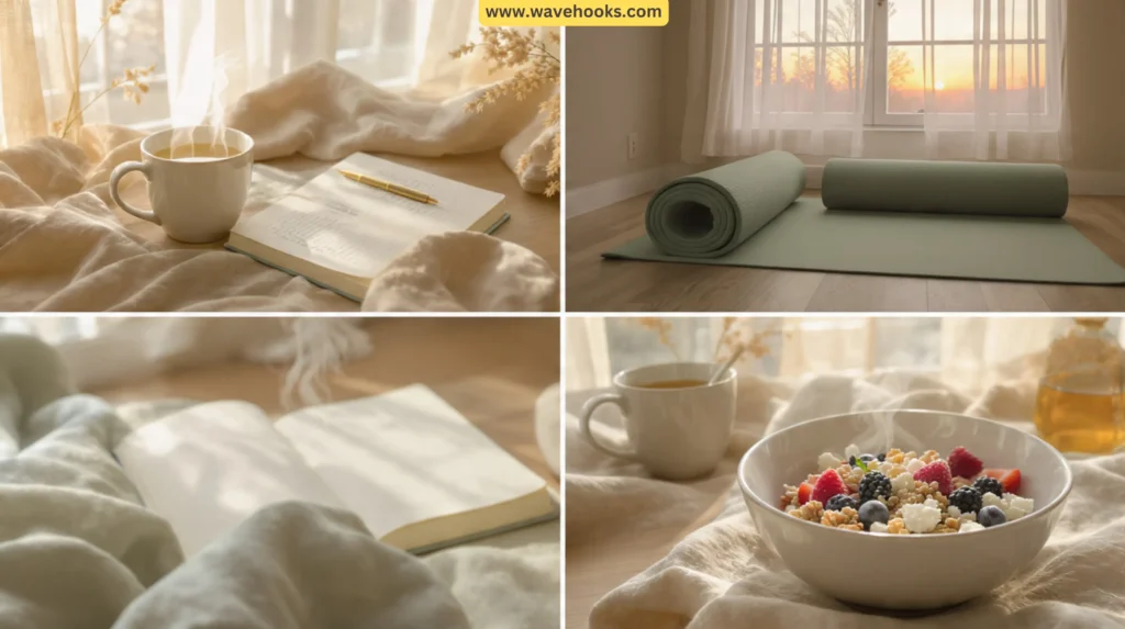 Aesthetic morning routine vision board with yoga mat, journaling, and sunrise 2026.