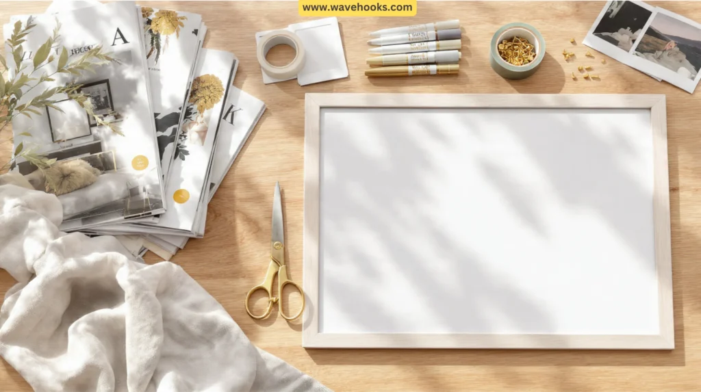 Aesthetic vision board supplies kit with gold scissors, markers, and magazines for 2026 planning.