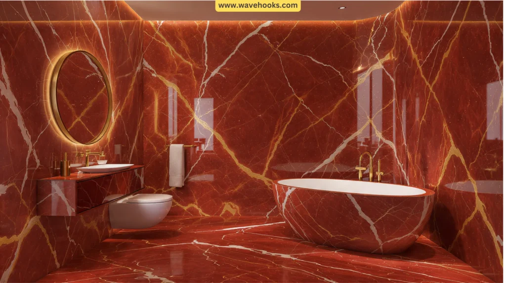 Red marble bathroom with white and gold veining, warm lighting, brass fixtures, and a freestanding tub creating a luxurious and inviting atmosphere.