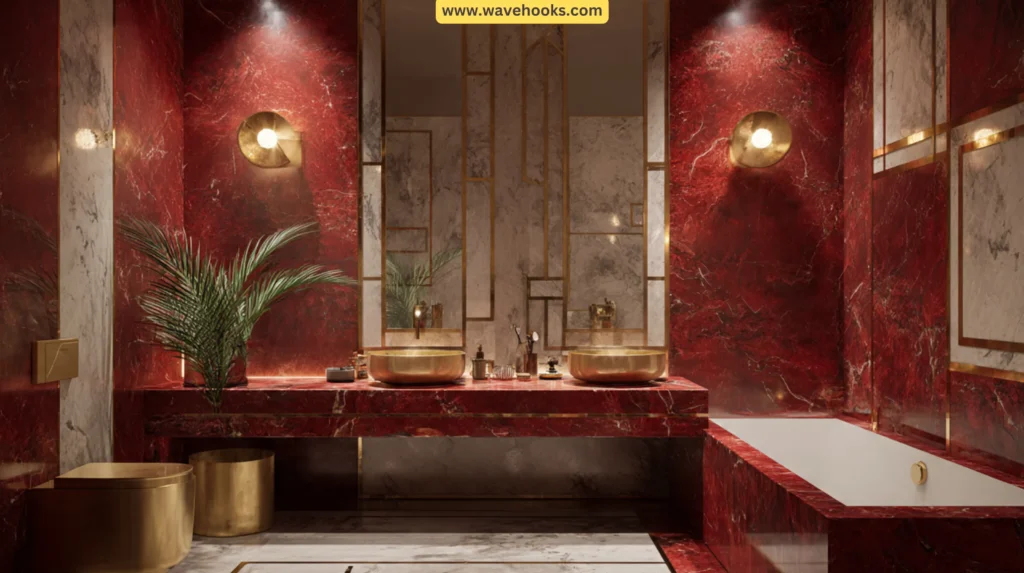 Neo-Deco red marble bathroom.