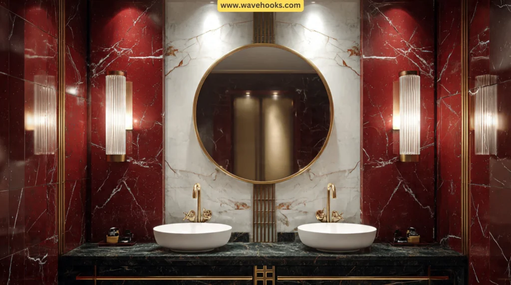Symmetrical red marble Neo-Deco bathroom.