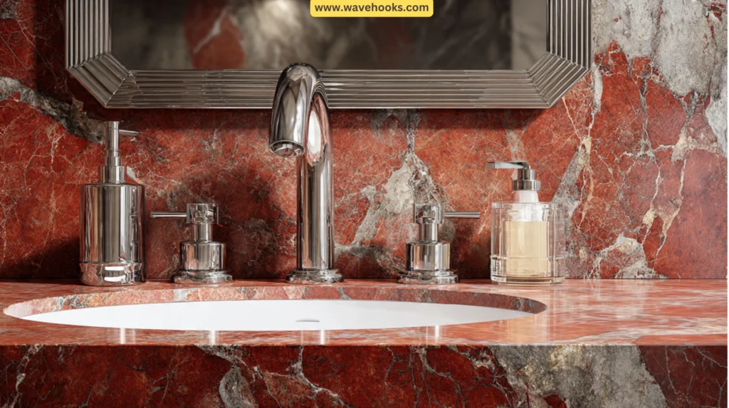 Red marble bathroom with sleek chrome fixtures.