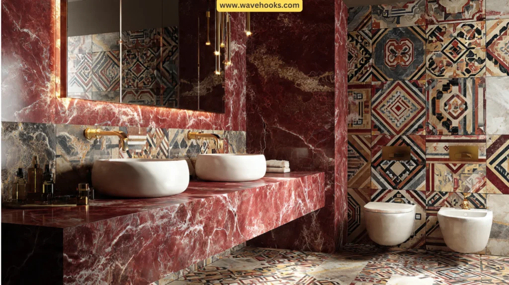 Red marble bathroom with dramatic tiles.