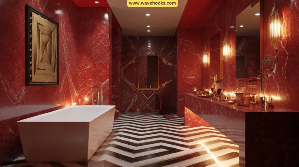 Red marble bathroom with chevron tile floor.