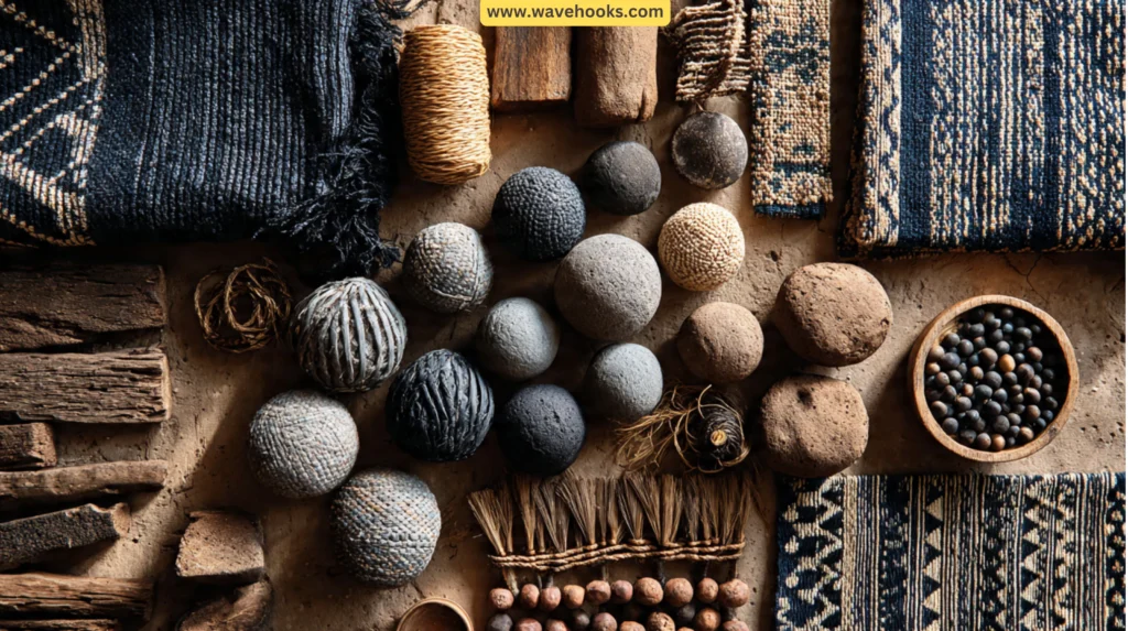 Close-up flatlay of Yoruba weaving, indigo textiles, hand-coiled clay, and rough wood.