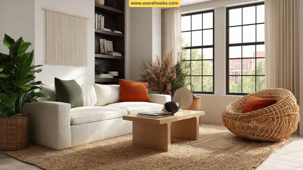 Modern Afrochic living room featuring a linen sofa, rattan chair, and jute rug in terracotta and forest green.