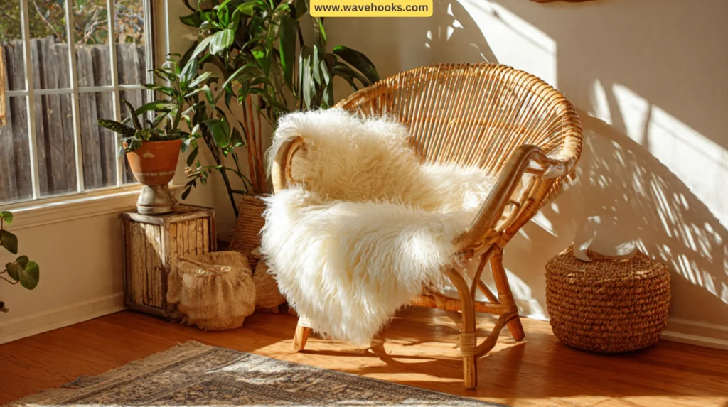 Rattan lounge chair with a sheepskin throw in a sunlit Afrobohemian reading corner.