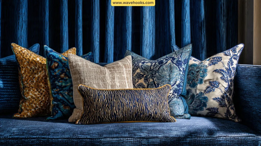 Elegant interior featuring blue Adire curtains and bold Aso-Oke throw pillows.