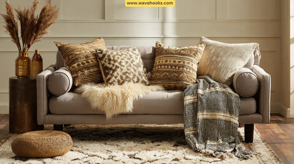 Mali mud cloth with earth-toned patterns draped over a neutral sofa in a cozy living room. Afrobohemian Living