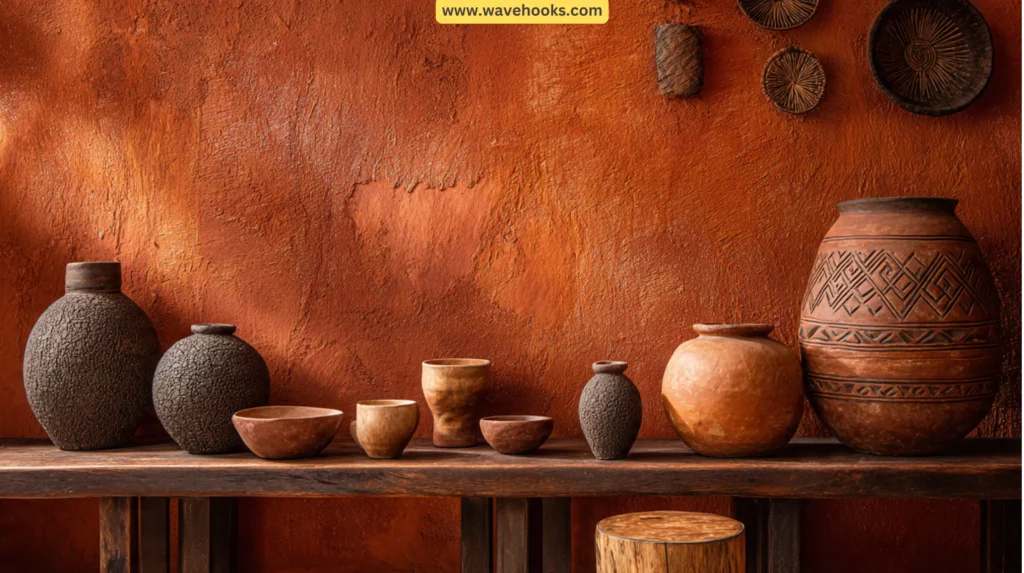 Textured clay wall with hand-coiled terracotta pots and rustic pottery in a warm tonal interior.