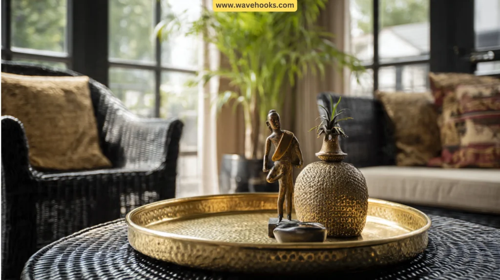 Afrochic vignette with a hand-beaten brass tray, bronze sculpture, and rattan furniture in moody light.