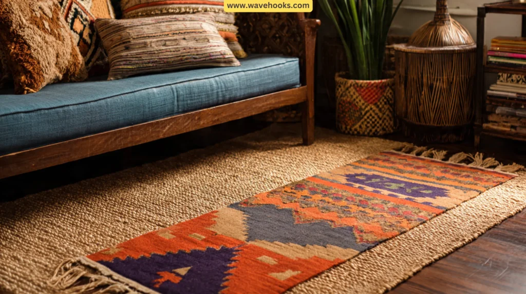 Layered jute and colorful geometric Kilim rugs in a warm African-inspired room. Afrobohemian Living
