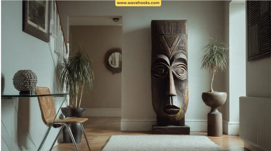 Minimalist corner featuring a large West African wooden sculpture and Benin-style figurine next to a modern glass table Afrobohemian Living
