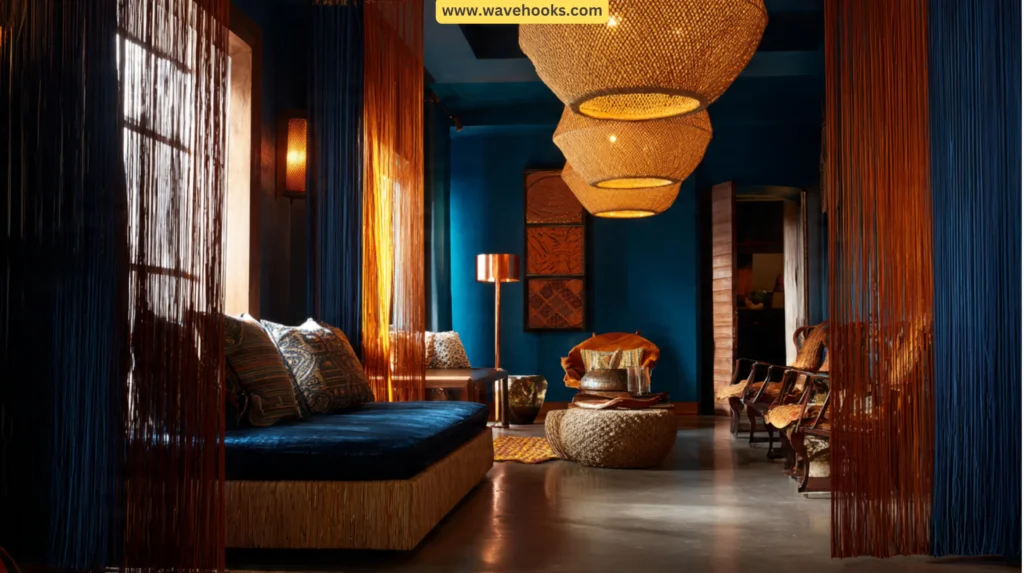 Oversized raffia pendant light casting shadows near a copper lamp and indigo curtains in a warm room. Afrobohemian Living