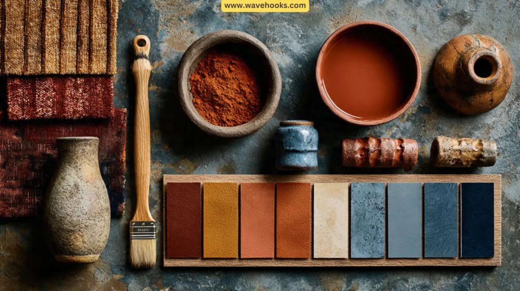 Raffia pendant light casting shadows near a copper lamp and indigo curtains in a dim room