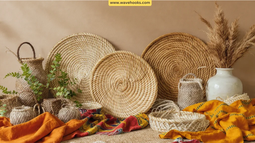 Aesthetic arrangement of eco-friendly rattan, jute, raffia, and African textiles in natural tones
