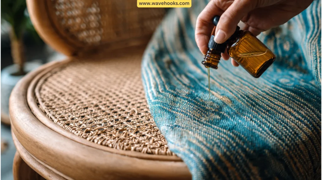 Hand applying natural oil to a rattan chair and washing indigo fabric in a natural home maintenance flatlay