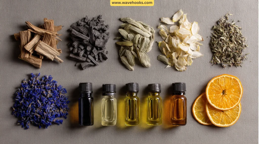 Flat-lay of fragrance ingredients arranged to show base, heart, and top notes for home scent layering.