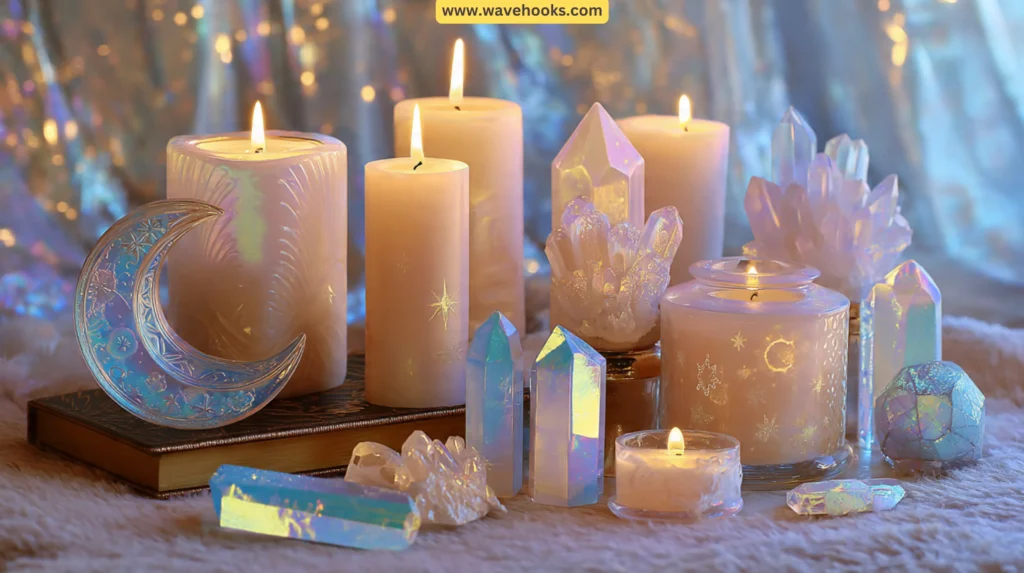 Opalescent candles and ethereal decor pieces illustrating celestial-style home fragrance design.