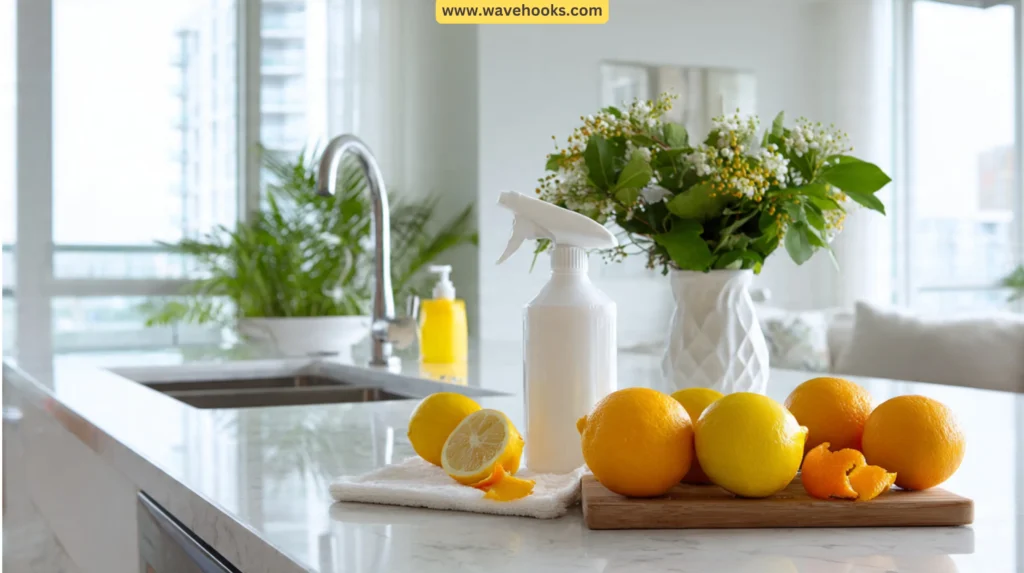 A clean home showing vinegar cleaning and citrus sanitizing used to neutralize odors before scent layering.