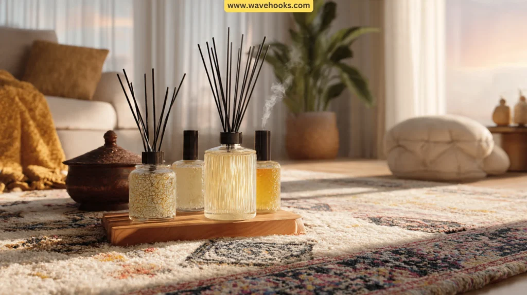 Home Scent Layering Reed diffusers and simmer pots demonstrating strengthening of primary scent systems in a home
