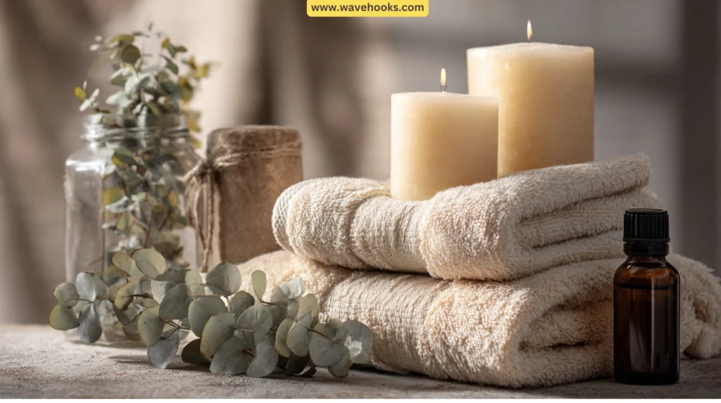 Home fragrance maintenance items like candles, laundry, and eucalyptus shower steam representing routine scent refreshing hOME SCENT